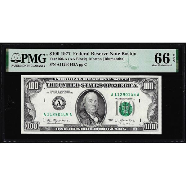 1977 $100 Federal Reserve Note Boston Fr.2168-A PMG Gem Uncirculated 66EPQ