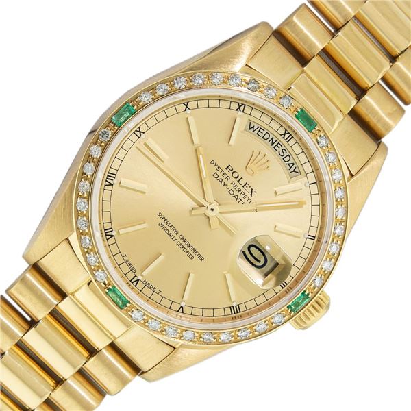 Rolex Mens 18K Yellow Gold Emerald and Diamond Day Date President Wristwatch