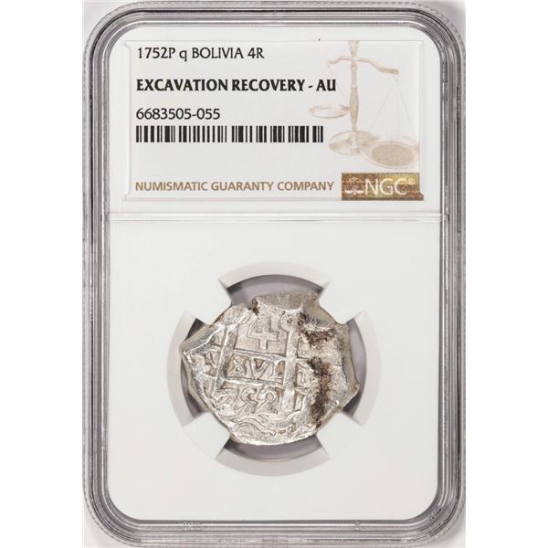 Shipwreck 1752P q Bolivia 4 Reales Silver Coin NGC AU Excavation Recovery