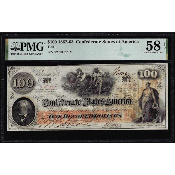 1862-63 $100 Confederate States of America Note T-41 PMG Choice About Unc 58EPQ