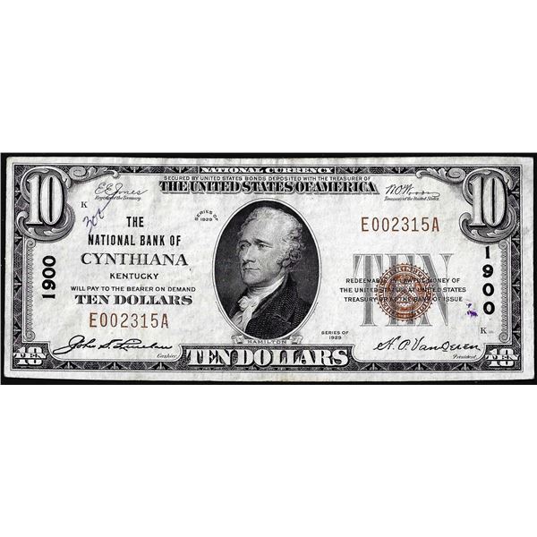 1929 $10 National Bank of Cynthiana, Kentucky CH# 1900 National Currency Note