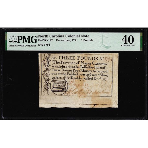 1771 North Carolina 3 Pounds Colonial Note NC-142 PMG Extremely Fine 40 Magna Charta