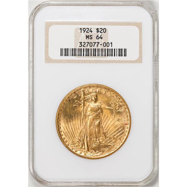 1924 $20 St. Gaudens Double Eagle Gold Coin NGC MS64