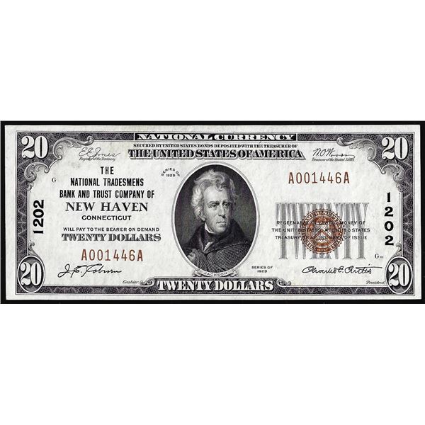 1929 $20 National Tradesman Bank of New Haven, CT CH# 1202 National Currency Note