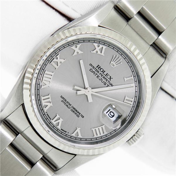 Rolex Mens Stainless Steel Gray Roman Datejust Wristwatch With Box