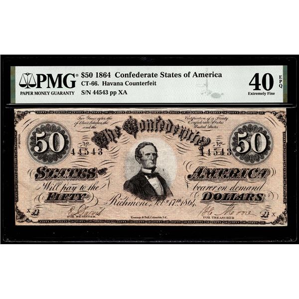 1864 $50 Confederate States Havana Counterfeit Note CT-66 PMG Extremely Fine 40EPQ