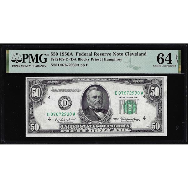 1950A $50 Federal Reserve Note Cleveland Fr.2108-D PMG Choice Uncirculated 64EPQ