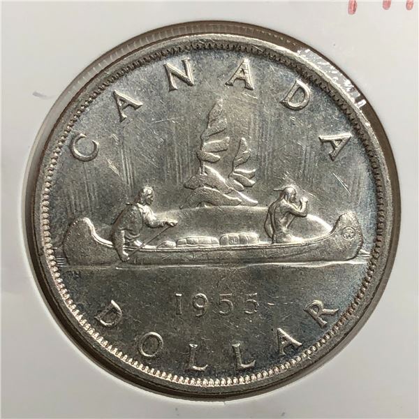 1955 Queen Elizabeth II Canadian Silver Dollar UNC Arnprior No Die Crack