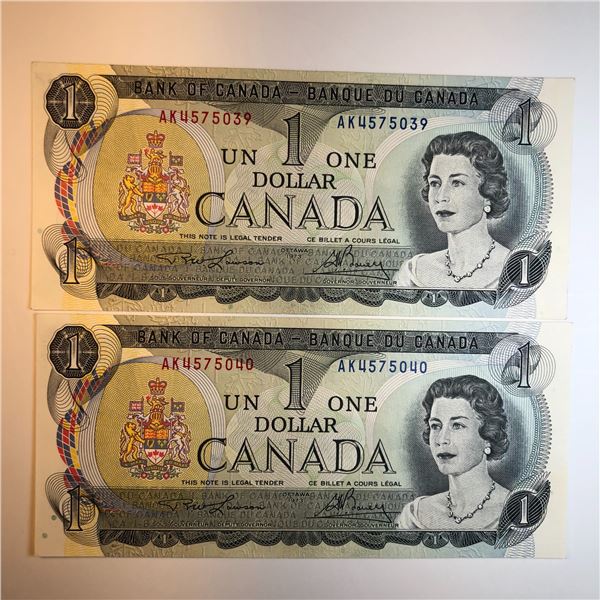 2 Consecutive Numbered1973 Canadian 1 Dollar Notes