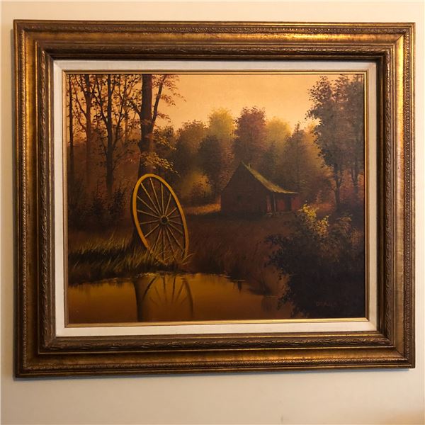 Vintage Painting of Wagon Wheel By a Cabin