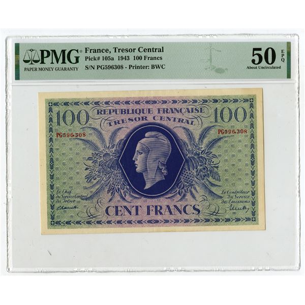 Republique Francais, Tresor Central, 1943 Issue Banknote.