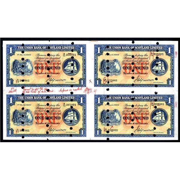 Union Bank of Scotland, 1949 Issue Approval Archival Specimen Uncut Sheet of 4.