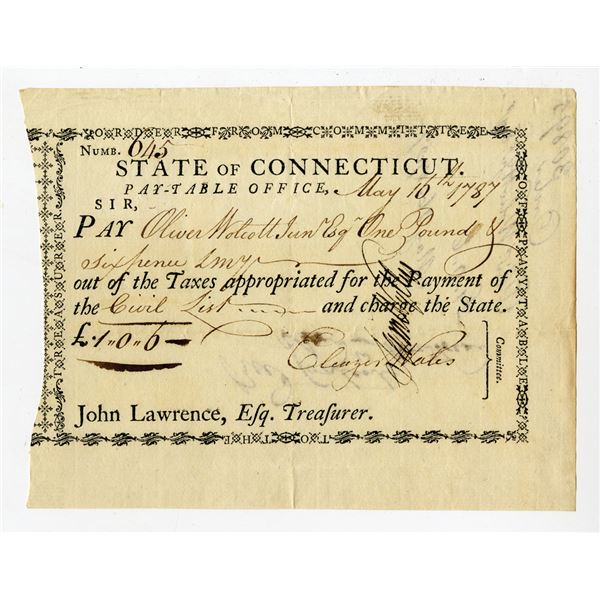 State of Connecticut, Pay-Table Office, 1787, Tax Warrant, Signed by William Moseley and Eleazer Wal