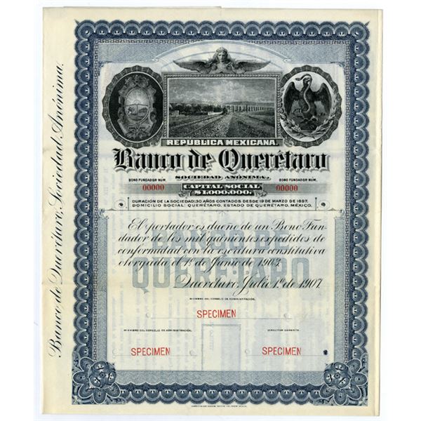 Banco De Queretaro, 1907 Specimen Bond