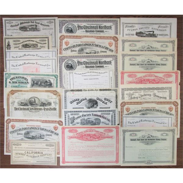 Railroad Assortment of Unissued Stock Certificates, ca.1860s-1900s, CA, IL, OH, IN, MN, and Other St