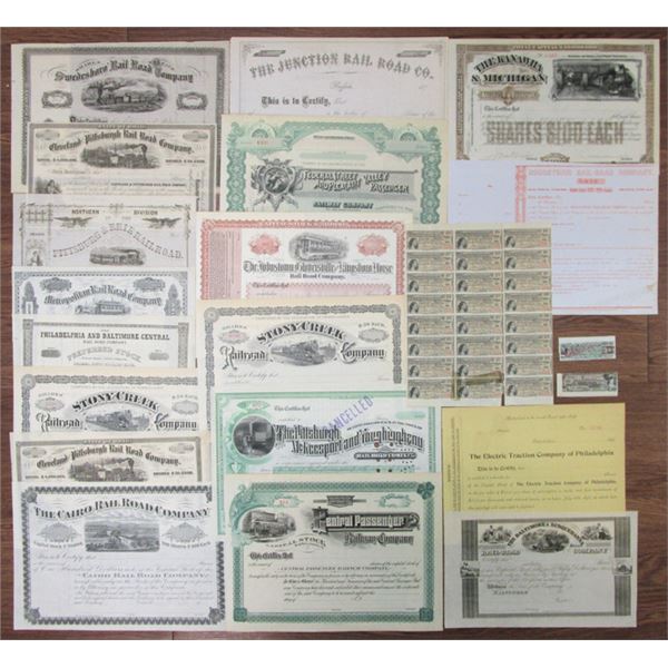 Railroad Assortment of Unissued Stock Certificates, ca.1850s-1900s, PA, IN, OH, WV, NJ, NY, MI and m