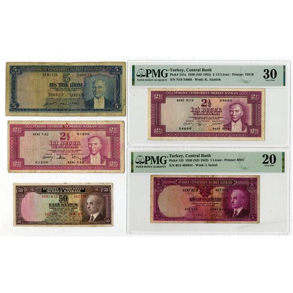 Central Bank of Turkey, 1930 (ND 1942 & 1955), Assortment of Issued Banknotes