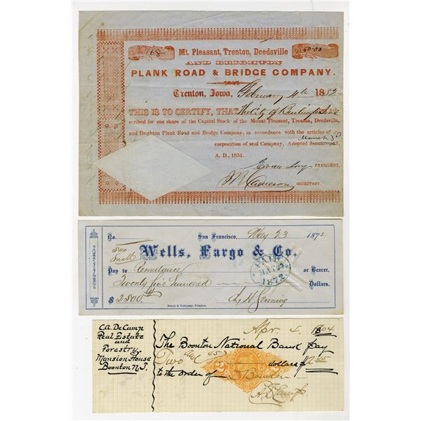Wells, Fargo & Co., 1872, I.C Check, Revenue Imprinted Check, and, 1853 Bridge and Plank Road Stock