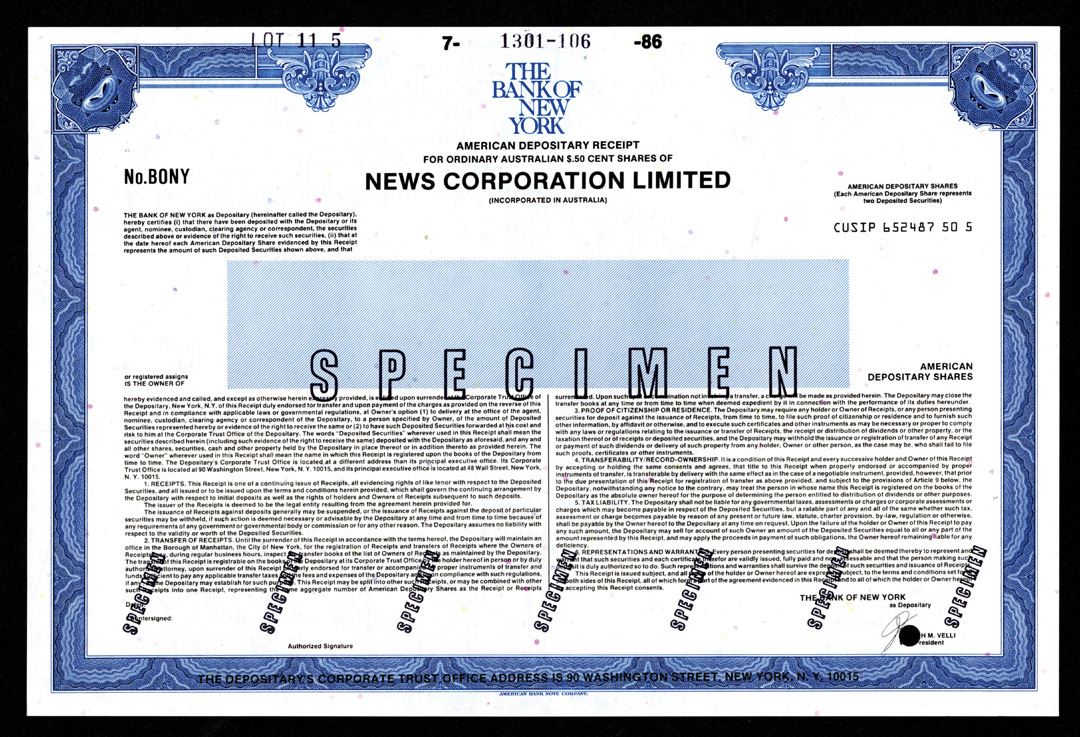 Fox Adr News Corporation Ltd. (FOX NEWS) 1986 Specimen ADR Certificate