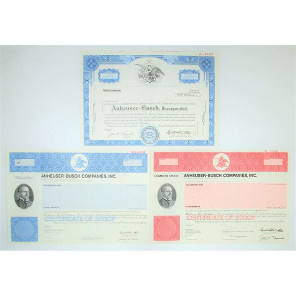 Anheuser-Busch, Inc., 1976-89, Specimen Stock Certificate Trio.
