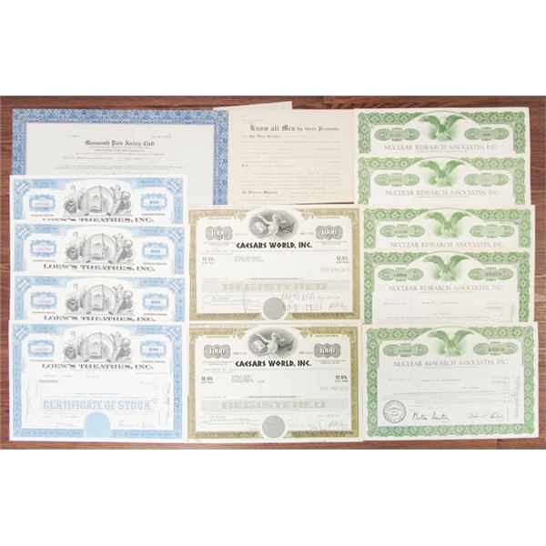 Casinos, Gambling, Horse Racing, Entertainment and Nuclear Research Stock and Bond Assortment, ca.19