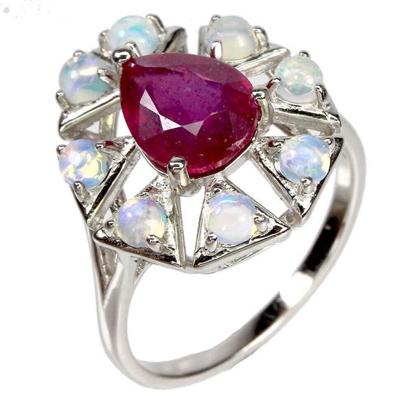 Natural Pigeon Blood Red Ruby & White Opal Ring