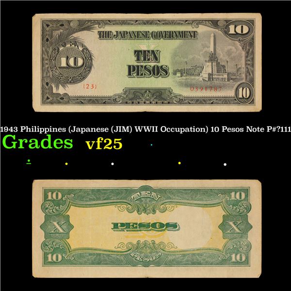 1943 Philippines (Japanese (JIM) WWII Occupation) 10 Pesos Note P#?111 Grades vf+