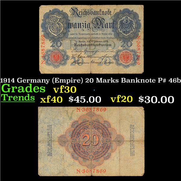 1914 Germany (Empire) 20 Marks Banknote P# 46b Grades vf++