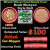 Image 1 : Mixed small cents 1c orig shotgun roll, Wheat Cent, 1906 Indian Cent other end, Nathan's Brandt Wrap
