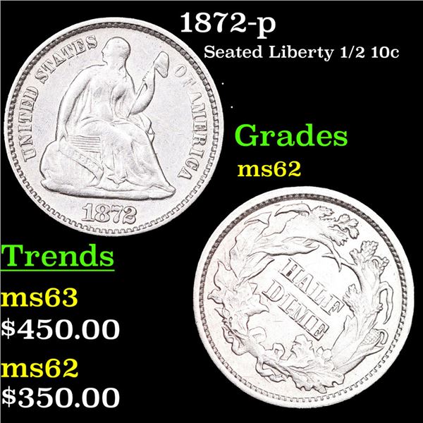1872-p Seated Liberty Half Dime 1/2 10c Grades Select Unc