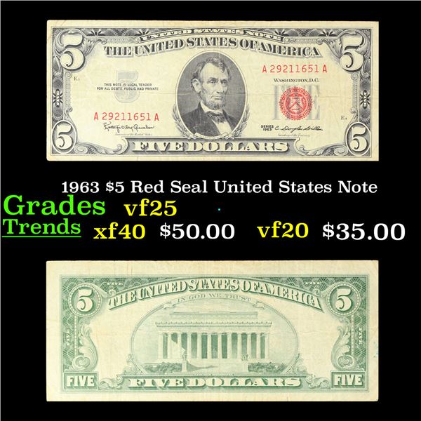 1963 $5 Red Seal United States Note Grades vf+