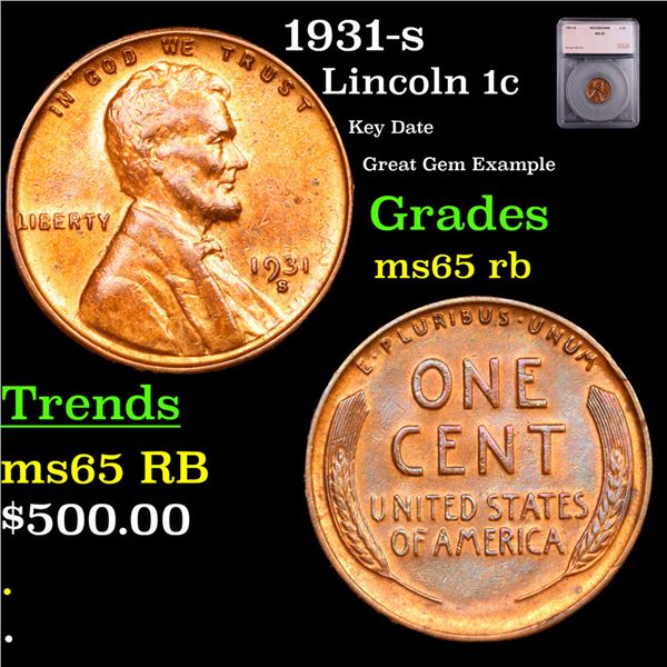 1931-s Lincoln Cent 1c Graded ms65 rb By SEGS