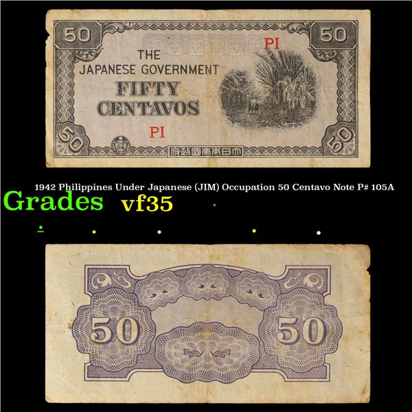1942 Philippines Under Japanese (JIM) Occupation 50 Centavo Note P# 105A Grades vf++