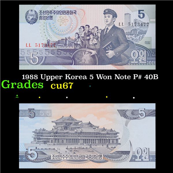 1988 Upper Korea 5 Won Note P# 40B Grades Gem++ CU