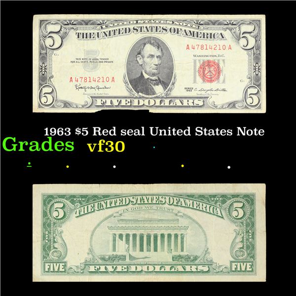1963 $5 Red seal United States Note Grades vf++