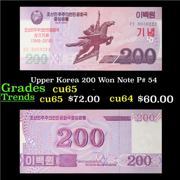 Upper Korea 200 Won Note P# 54 Grades Gem CU