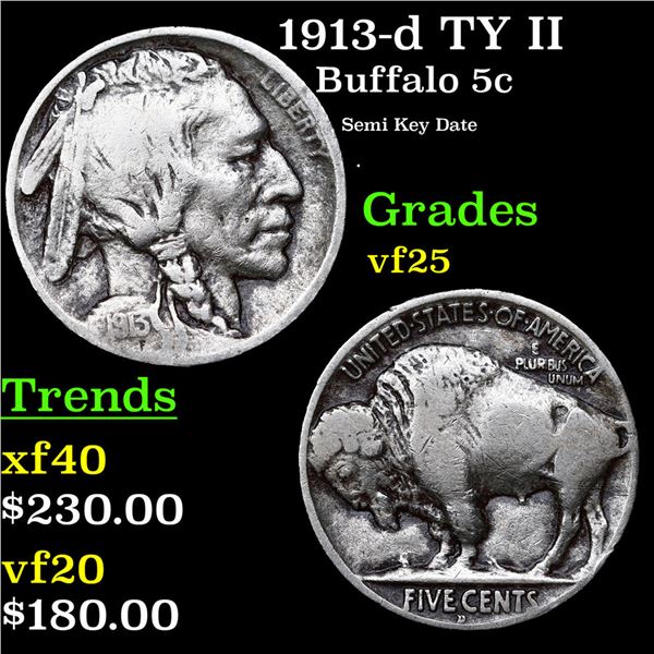 1913-d TY II Buffalo Nickel 5c Grades vf+