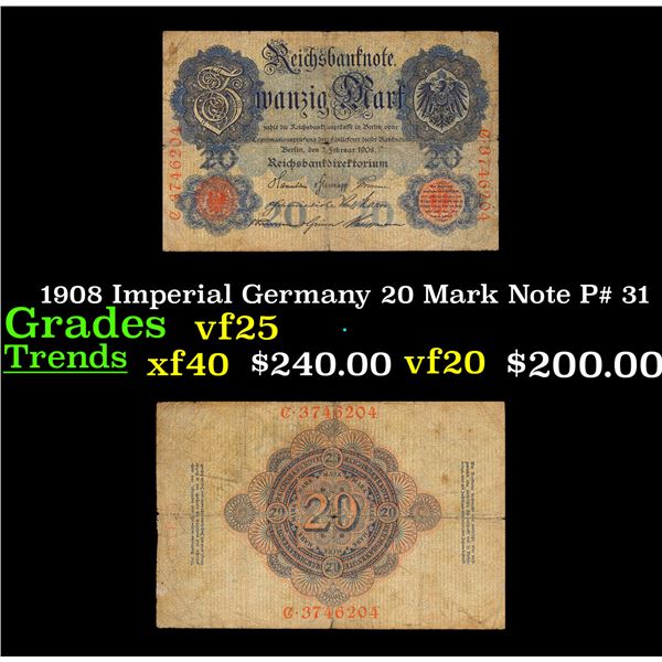 1908 Imperial Germany 20 Mark Note P# 31 Grades vf+