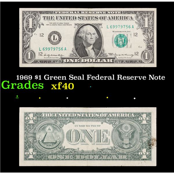 1969 $1 Green Seal Federal Reserve Note Grades xf