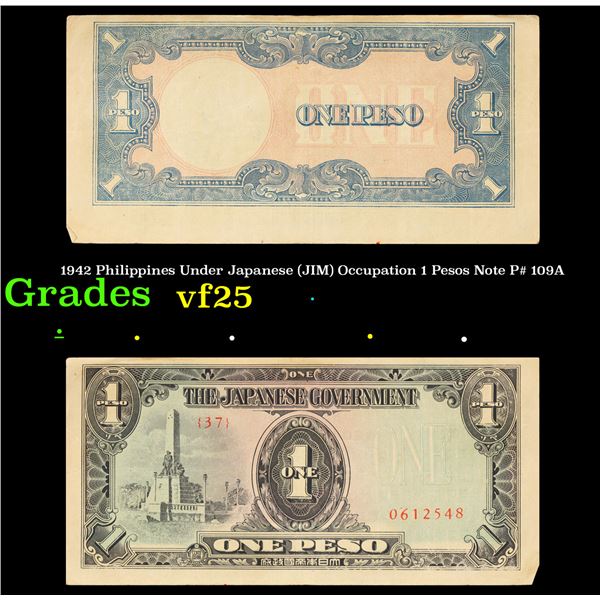 1942 Philippines Under Japanese (JIM) Occupation 1 Pesos Note P# 109A Grades vf+
