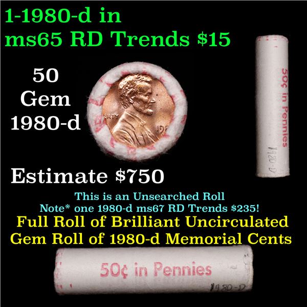 Shotgun Lincoln 1c roll, 1980-d 50 pcs Penny Wrapper.