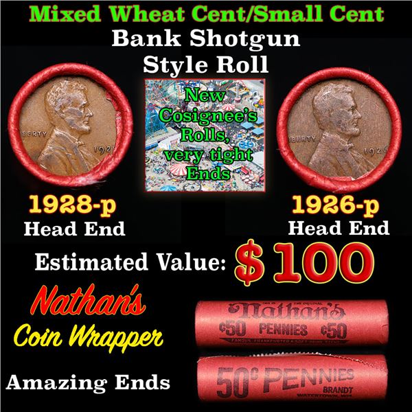 Mixed small cents 1c orig shotgun roll, 1926-p Lincoln Cent, 1928-p Lincoln Cent other end, Nathan's