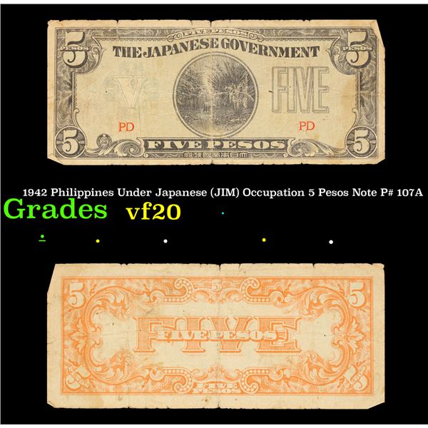 1942 Philippines Under Japanese (JIM) Occupation 5 Pesos Note P# 107A Grades vf, very fine