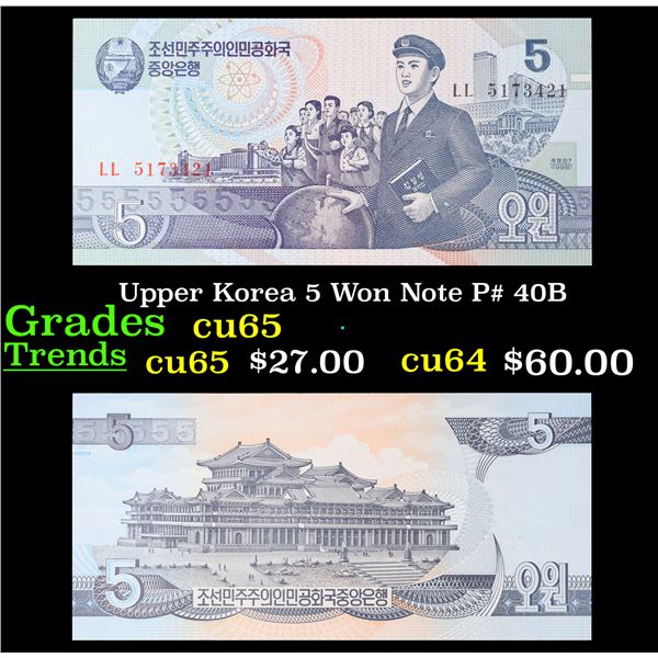 Upper Korea 5 Won Note P# 40B Grades Gem CU