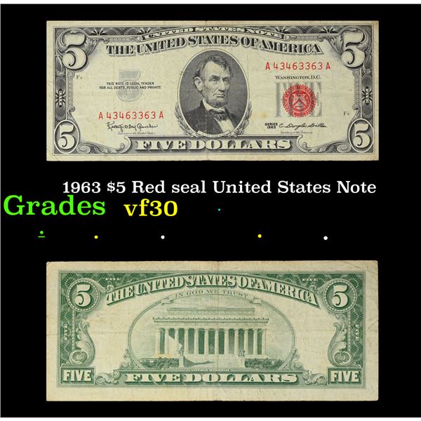 1963 $5 Red seal United States Note Grades vf++