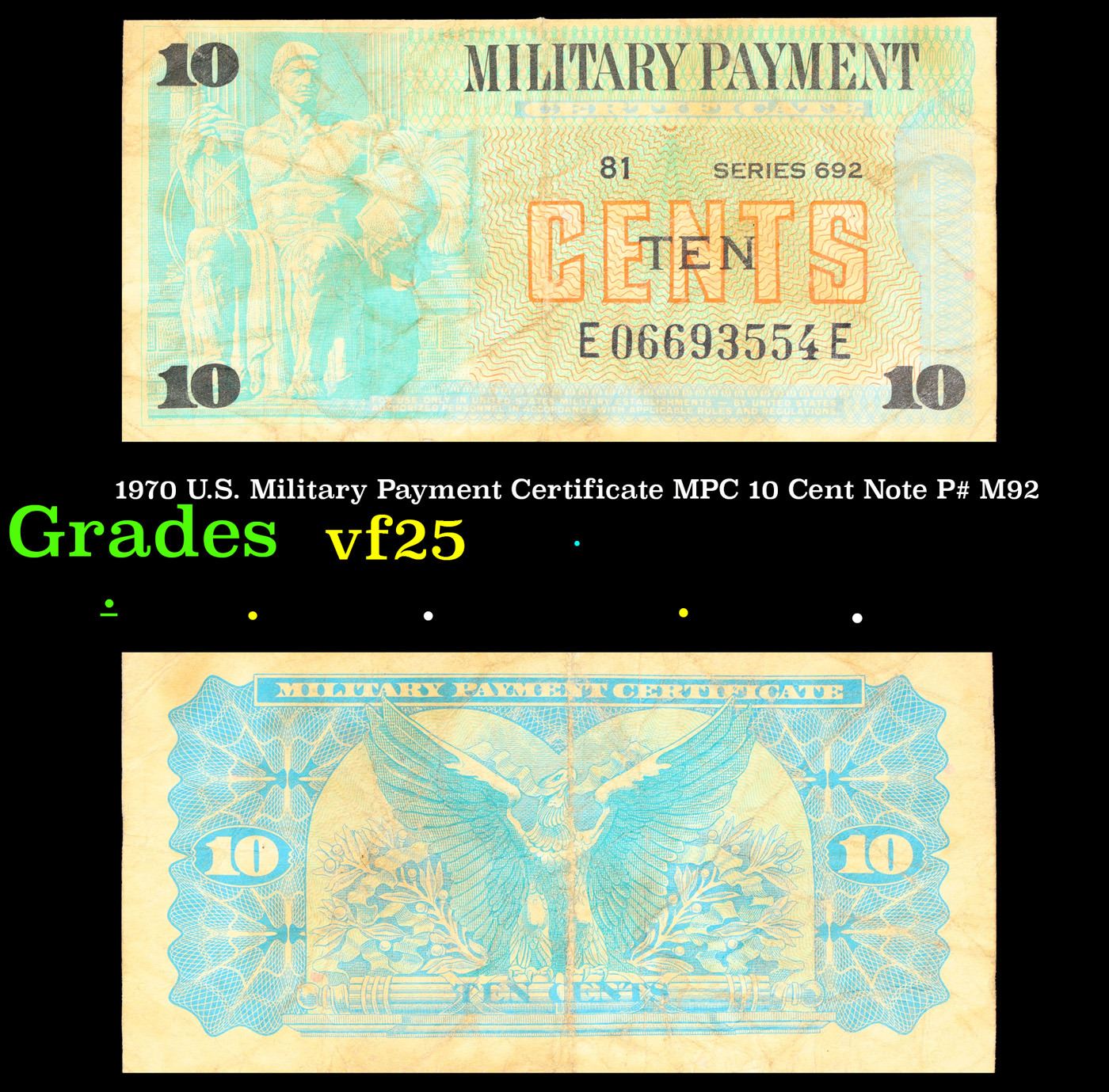 1970 U.S. Military Payment Certificate MPC 10 Cent Note P# M92 Grades vf+