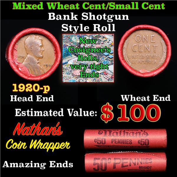 Mixed small cents 1c orig shotgun roll, 1920-p Lincoln Cent, Wheat Cent other end, Nathan's Brandt W