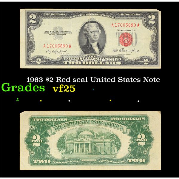 1963 $2 Red seal United States Note Grades vf+