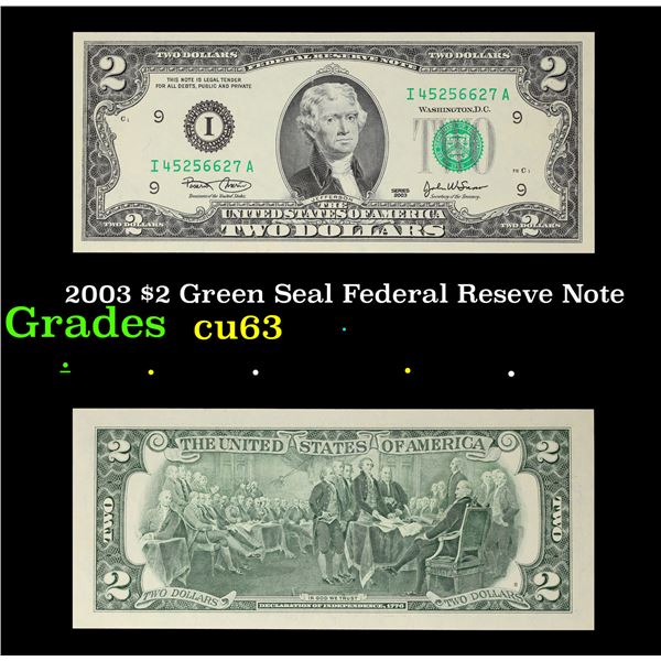 2003 $2 Green Seal Federal Reseve Note Grades Select CU