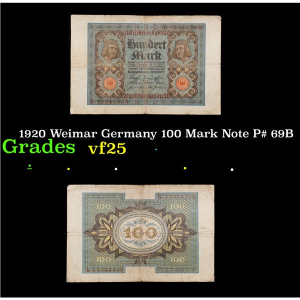 1920 Weimar Germany 100 Mark Note P# 69B Grades vf+